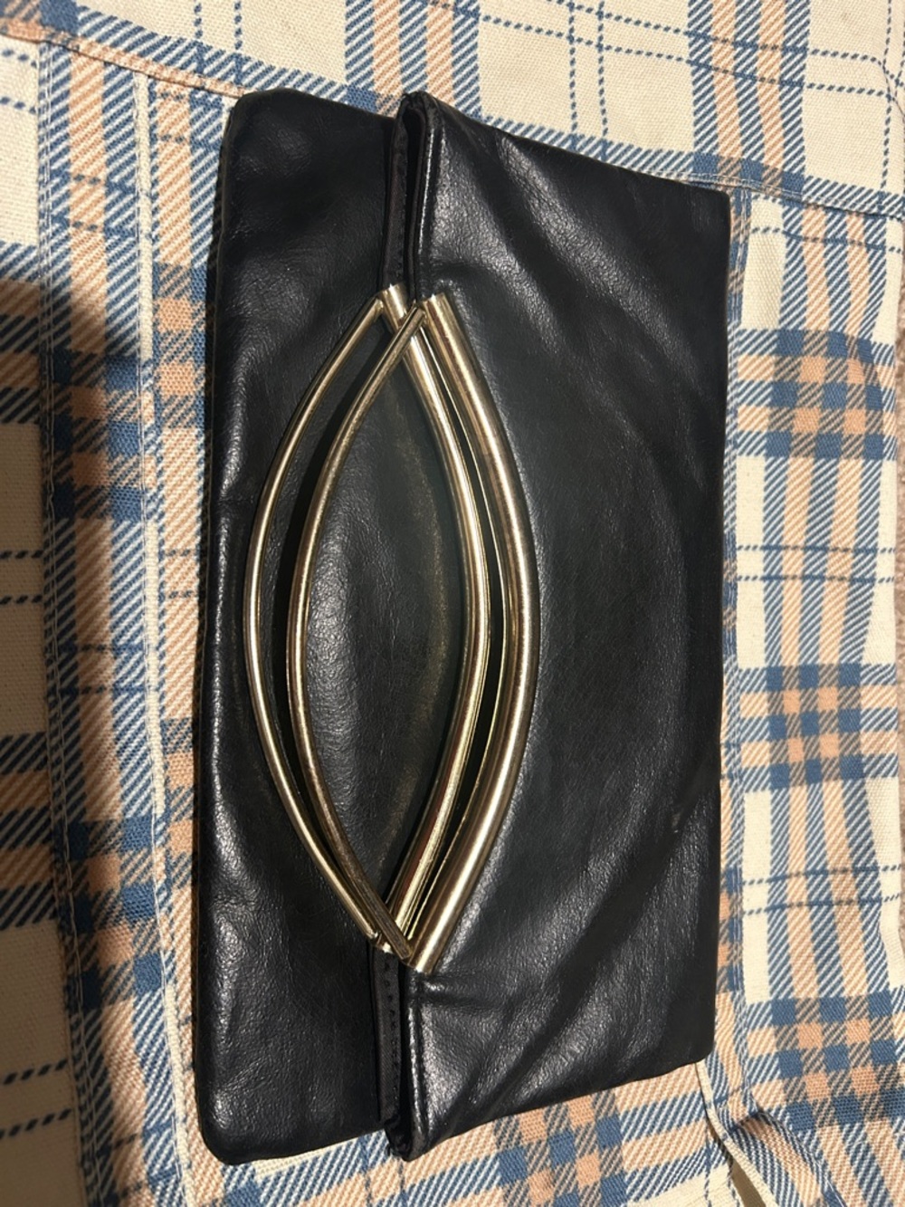Black Leather Clutch with Gold Double Arc Detail